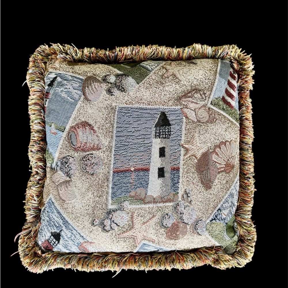 Lighthouse and Seashells Decorative Pillow 16” Tapestry Vintage